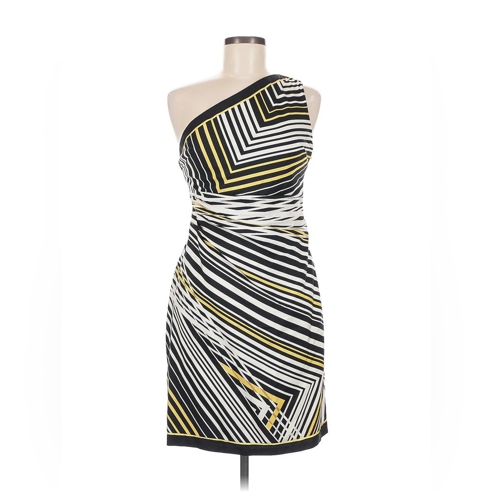 One-Shoulder Striped Sheath Dress Asymmetric Ruched Cocktail Evening Luxe Size 8